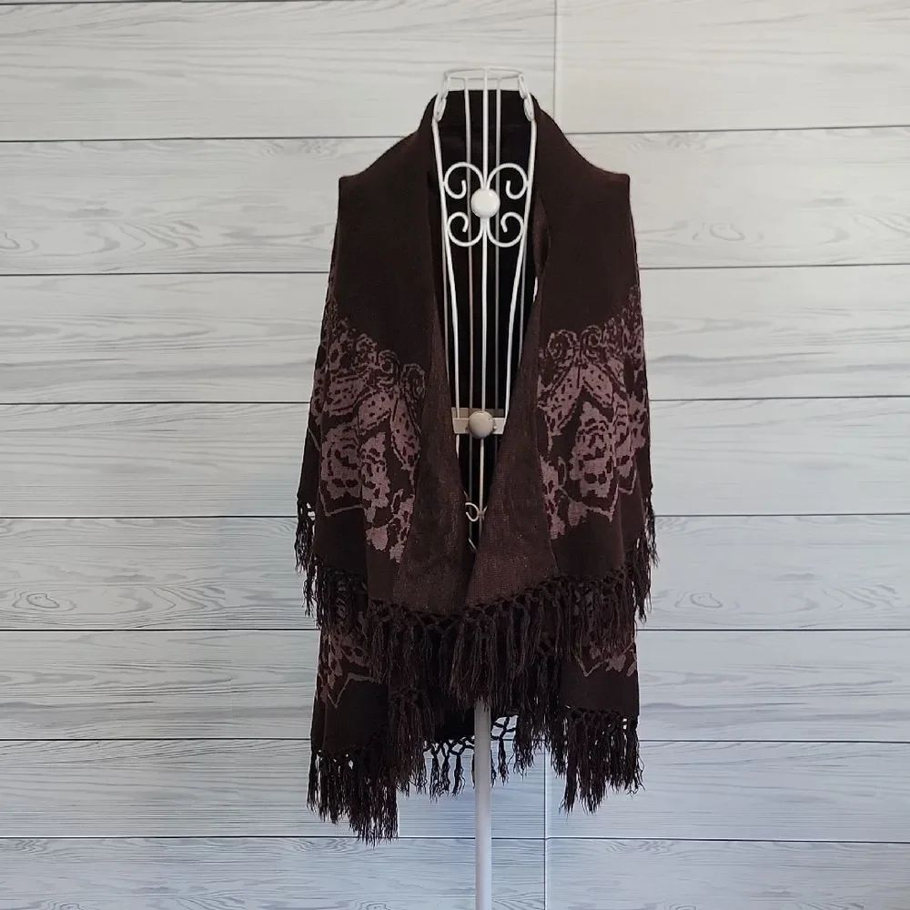 Open Front Poncho/shawl Knit Sweater With Long Fringe Womens M